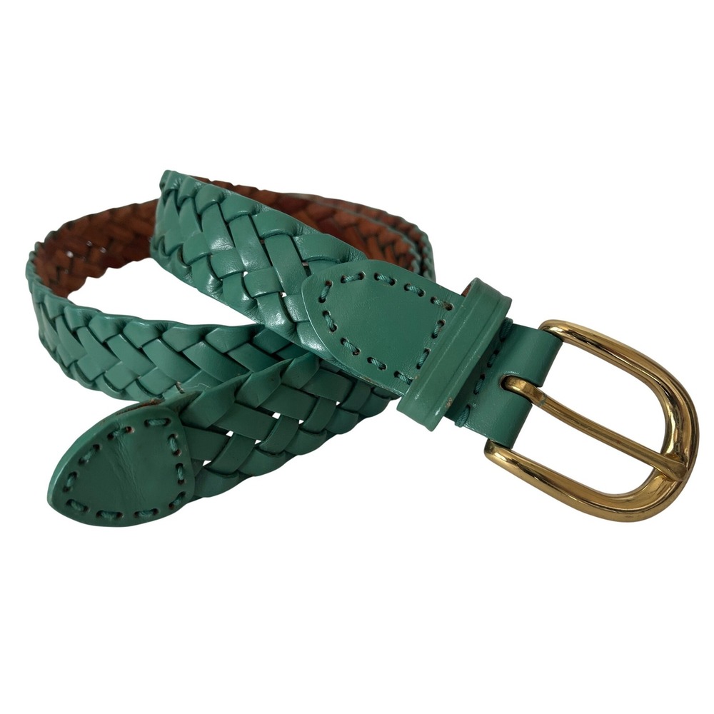 Talbots Belt Women L Green Braided Leather Woven Gold Buckle 6014 Preppy